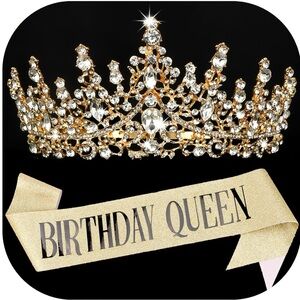 Birthday Queen Gold Sash and Gold Tiara with Rhinestones, New